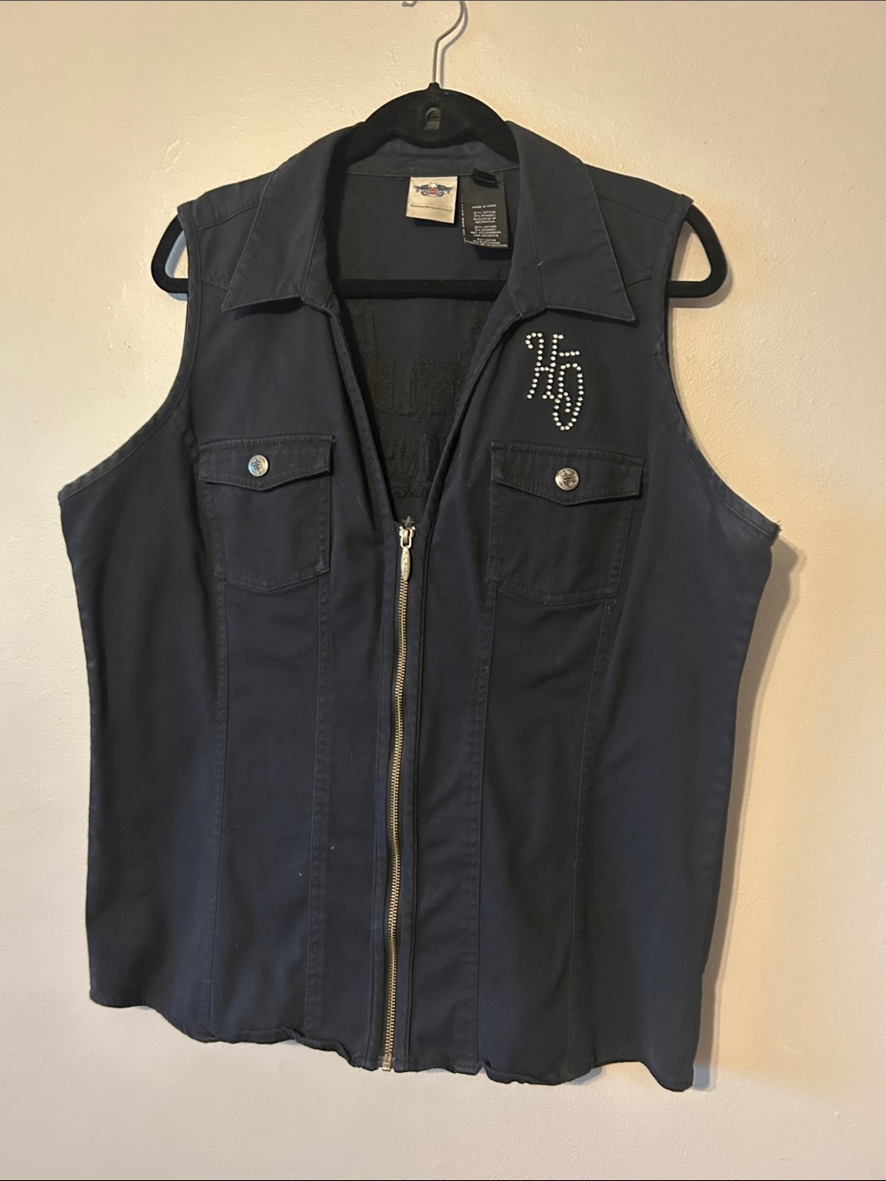 Harley-Davidson Black Studded Logo Zip Front Sleeveless Top